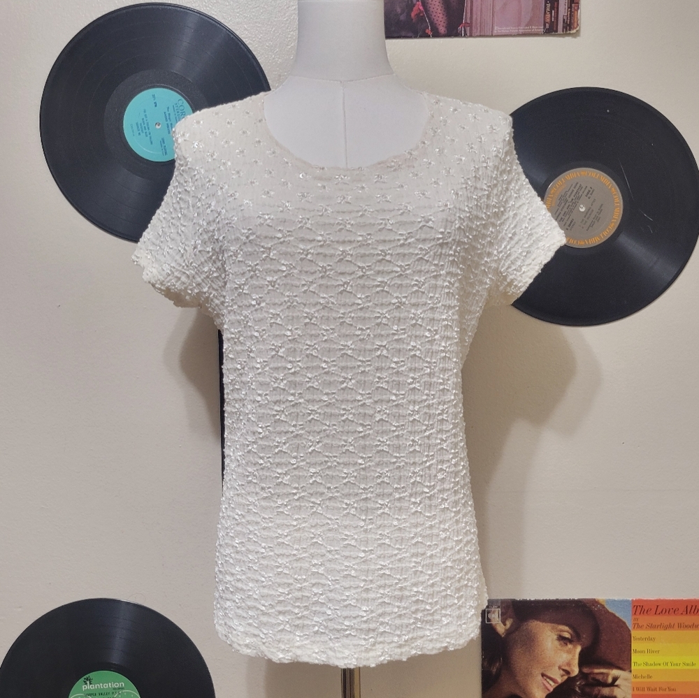 Kathie Lee Collection | Vintage Cream Crinkle Sequin Top